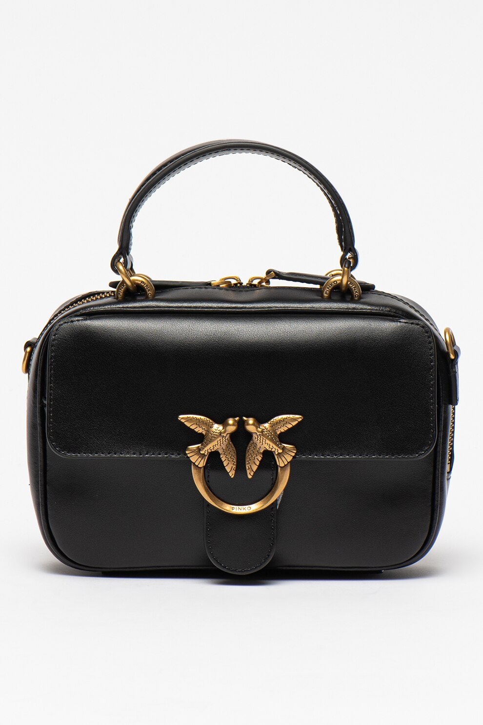 Pinko, Geanta de piele cu manere si logo metalic Love Mini Square Simply, Negru
