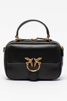 Pinko, Geanta de piele cu manere si logo metalic Love Mini Square Simply, Negru Pinko, Geanta de piele cu manere si logo metalic Love Mini Square Simply, Negru