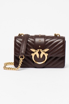 Pinko, Geanta de piele cu bareta de umar si detalii matlasate Love Mini Icon, Maro inchis Pinko, Geanta de piele cu bareta de umar si detalii matlasate Love Mini Icon, Maro inchis