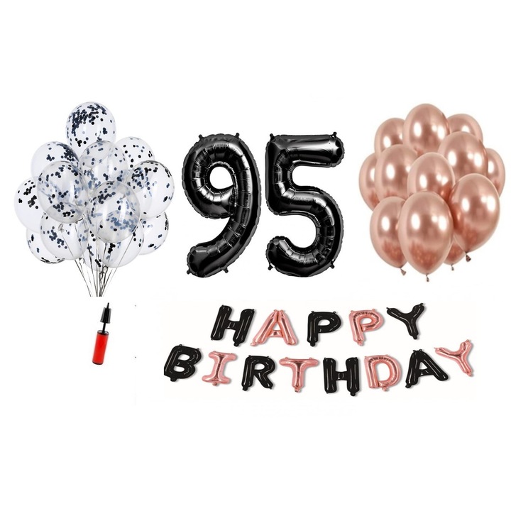 Set 36 baloane, Happy Birthday negru/rose gold aniversare 95 ani, cifra folie 101 cm, negru