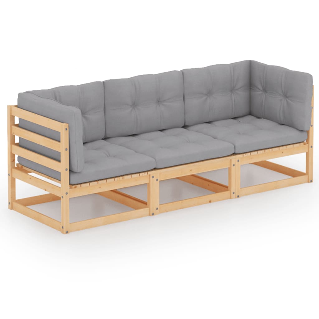 Canapea de gradina din lemn masiv cu 3 locuri cu spatar si perne vidaXL, Lemn, 70 x 70 x 67 cm, Maro/Gri