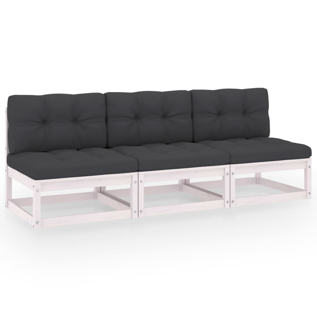 Canapea de gradina din lemn masiv cu 3 locuri cu perne vidaXL, Lemn, 70 x 70 x 67 cm, Alb/Antracit