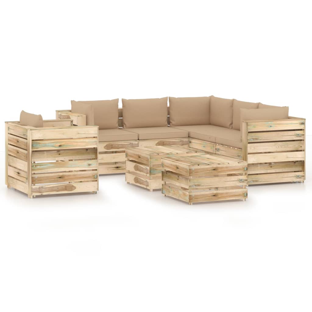 Set mobilier gradina 8 piese canapea L cu fotoliu si 2 masute cafea/tabureti, vidaXL, Lemn pin verde tratat, Maro-Perne bej