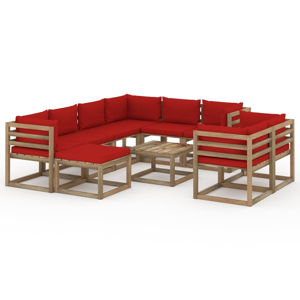 Set mobilier de gradina, 10 piese, cu perne, rosu