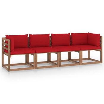 Canapea din paleti cu perne cu 4 locuri pentru exterior vidaXL, Lemn, 64 x 64 x 70 cm, Maro/Rosu