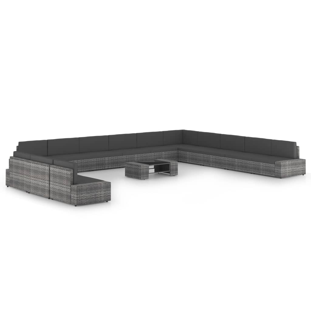 Set mobilier de gradina cu perne, 14 piese, gri, poliratan