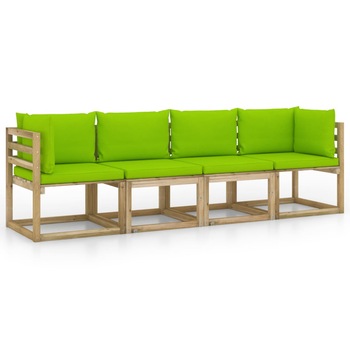Canapea de gradina cu 4 locuri cu perne vidaXL, Lemn, 64 x 64 x 70 cm, Maro/Verde aprins