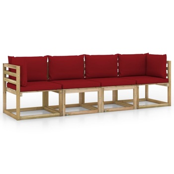 Canapea de gradina cu 4 locuri cu perne vidaXL, Lemn, 64 x 64 x 70 cm, Maro/Rosu vin