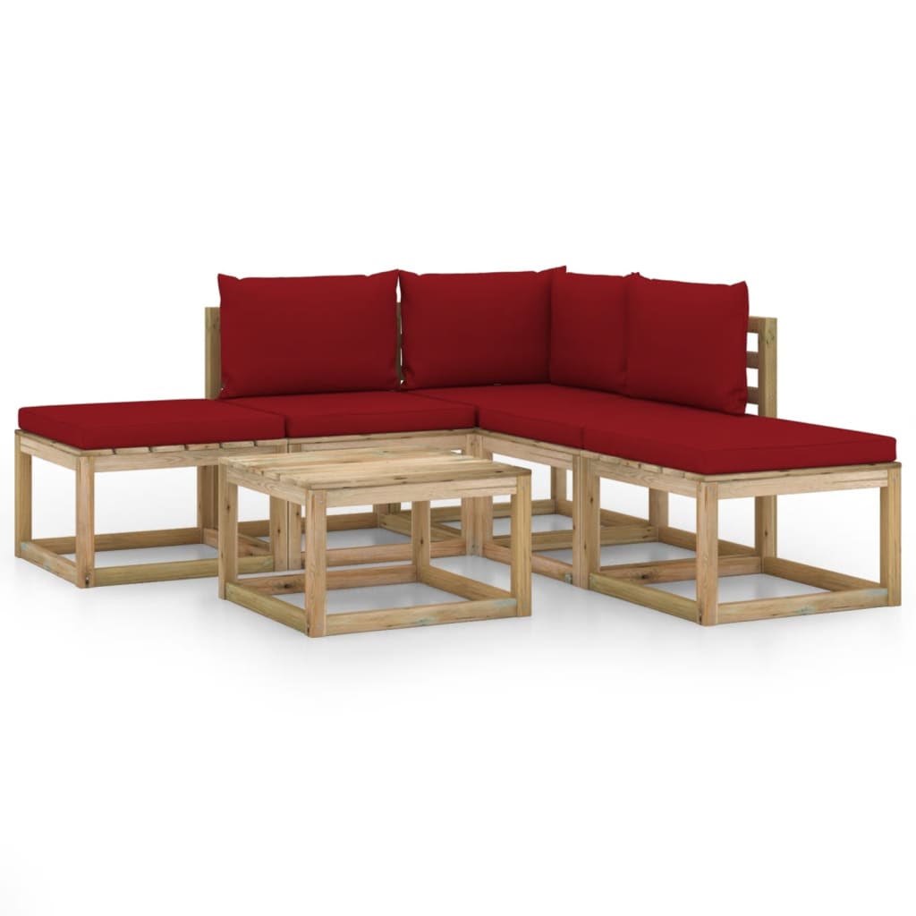 Set mobilier de gradina, 6 piese, cu perne rosu vin