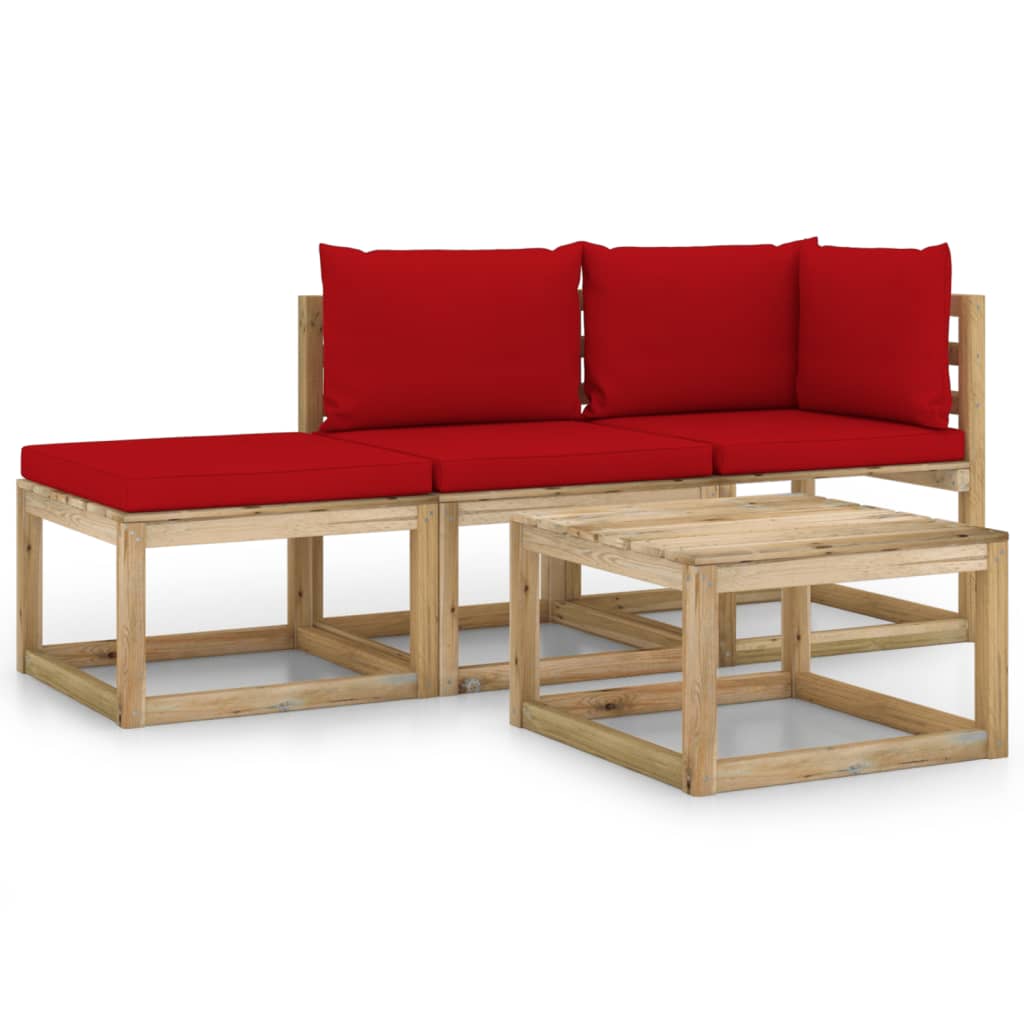 Set mobilier de gradina cu perne rosii, 4 piese