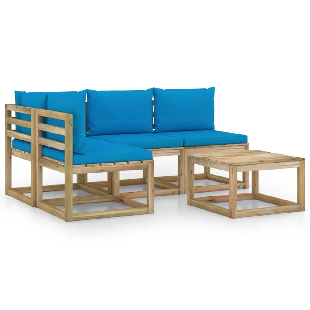 Set mobilier de gradina cu 4 canapele cu perne si 1 masa vidaXL, Lemn, Maro/Albastru deschis