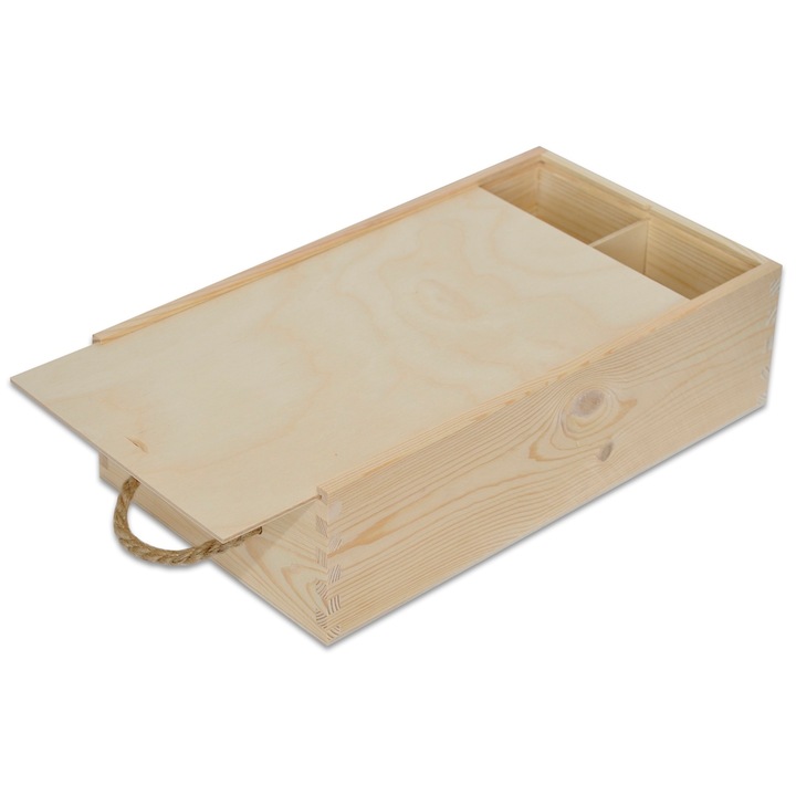 Creative Deco Fából készült bortató doboz, Festetlen, Csúszófedéllel és kötéllel, 2 rekesz, 35 x 21 x 11 cm