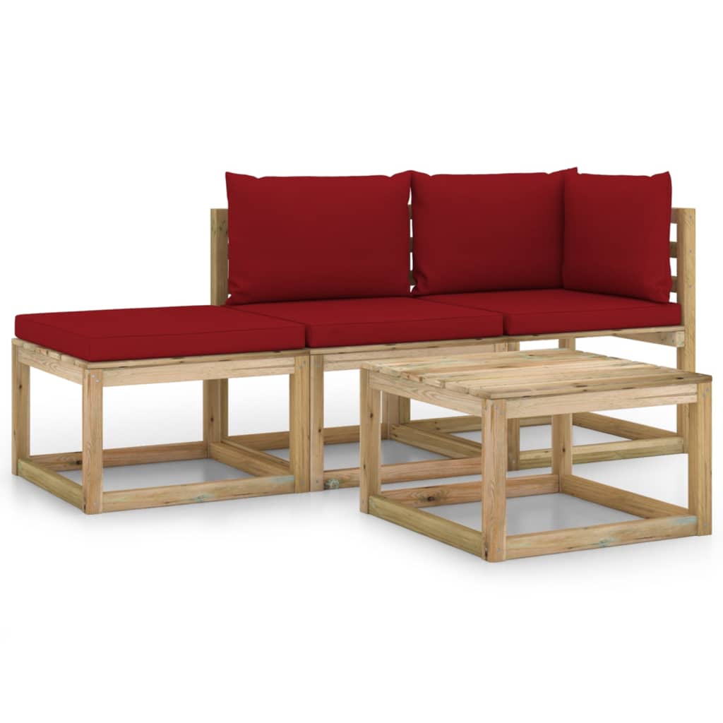 Set mobilier de gradina cu perne rosu vin, 4 piese