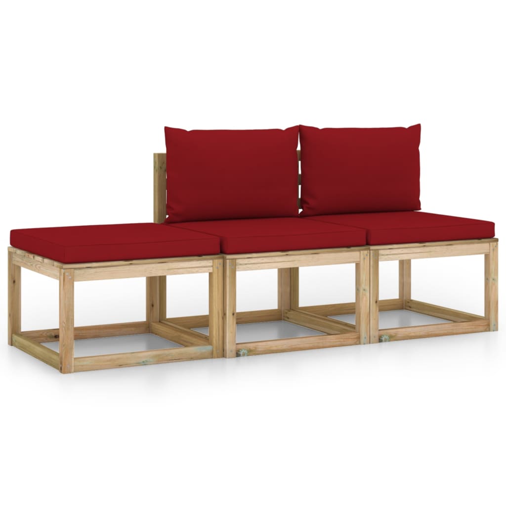Set mobilier de gradina cu perne rosu vin, 3 piese