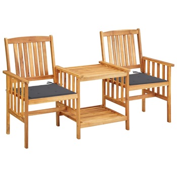 Set de 2 scaune de gradina cu masa de ceai si perne vidaXL, Lemn de acacia, 159 x 61 x 92 cm, perna 4 cm, Maro/Antracit