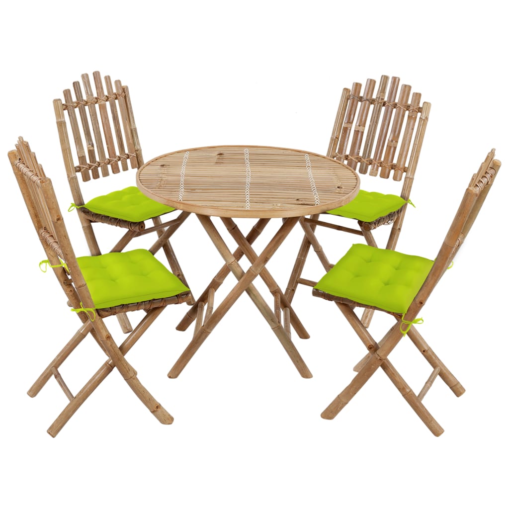 Set mobilier de exterior in 5 piese pliabile cu perne vidaXL, Bambus, 80 x 70 cm, perna 7 cm, Maro/Verde deschis