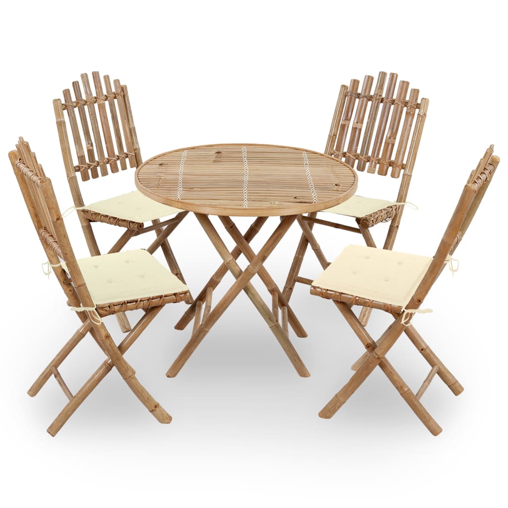 Set mobilier de exterior din 5 piese pliabile cu perne vidaXL, Bambus, 80 x 70 cm, perna 4 cm, Maro/Crem