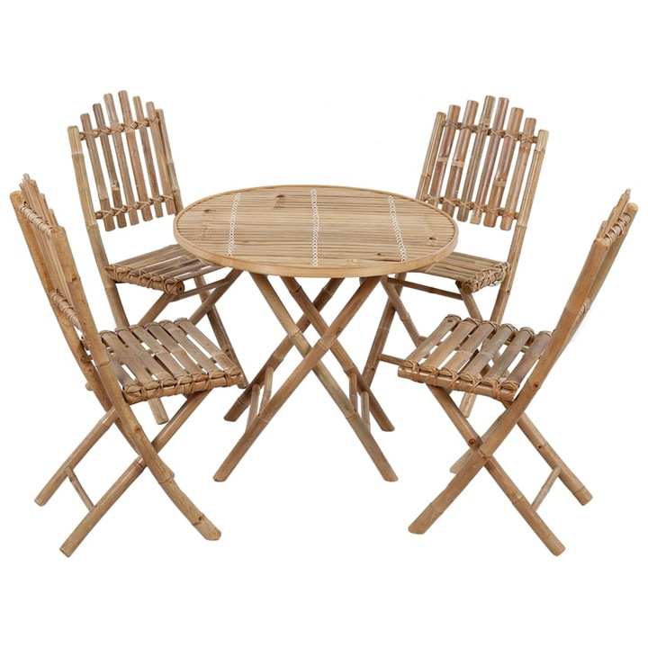 Set mobilier de exterior pliabil vidaXL, cu perne, 5 piese, bambus, 3063979