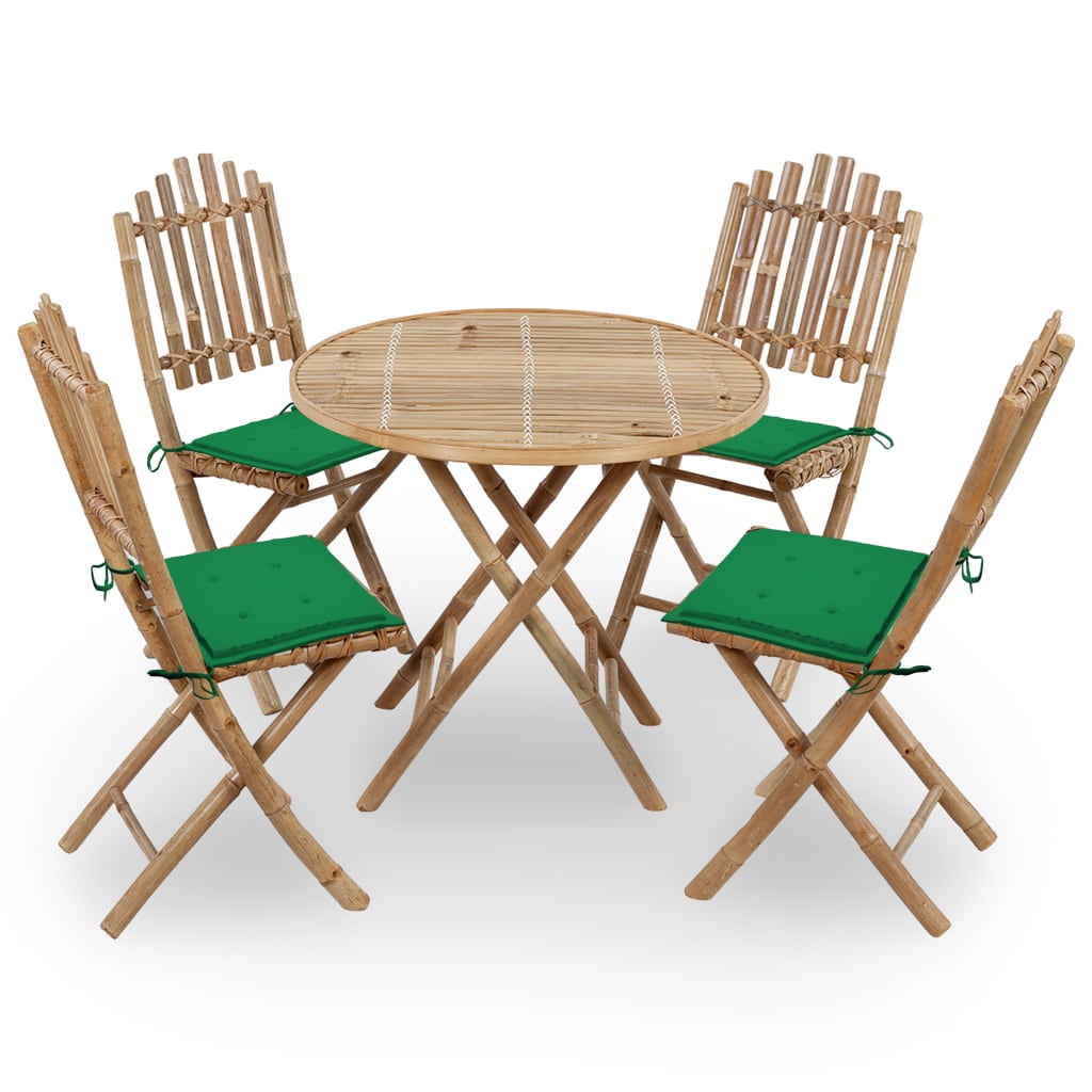 Set mobilier de exterior din 5 piese pliabile cu perne vidaXL, Bambus, 80 x 70 cm, perna 4 cm, Maro/Verde