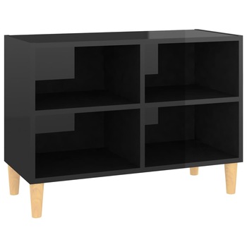 Comoda TV cu picioare din lemn masiv cu 4 compartimente deschise din pal extralucios vidaXL, PAL, 69.5 x 30 x 50 cm, Negru Comoda TV cu picioare din lemn masiv cu 4 compartimente deschise din pal extralucios vidaXL, PAL, 69.5 x 30 x 50 cm, Negru