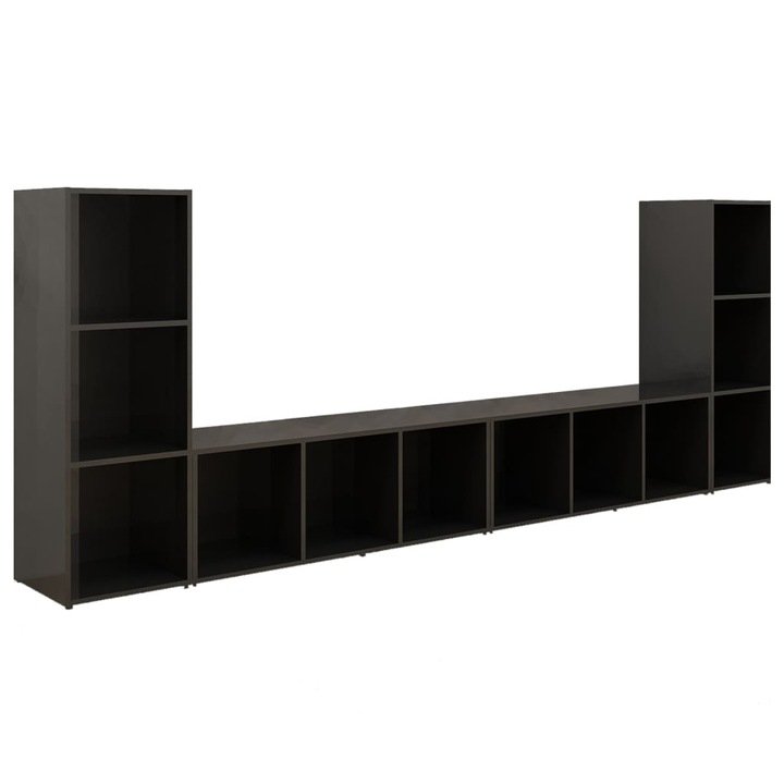 Set de 4 comode TV cu 3 compartimente din pal extralucios vidaXL, PAL, 107 x 35 x 37 cm, Negru
