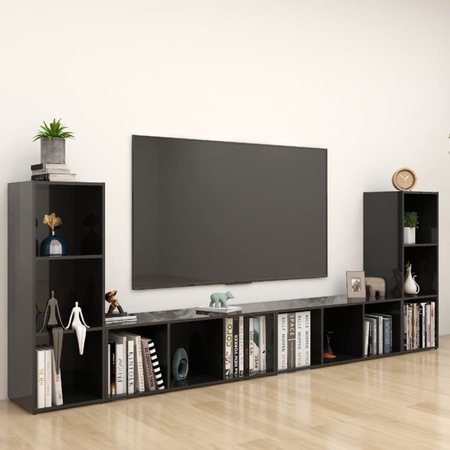 Set de 4 comode TV cu 3 compartimente din pal extralucios vidaXL, PAL, 107 x 35 x 37 cm, Negru