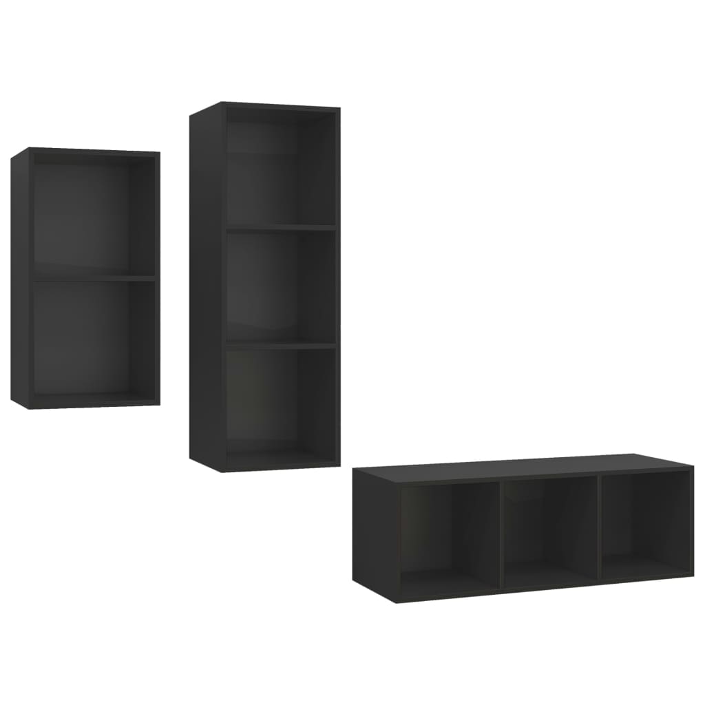 Set de 3 dulapuri TV de perete vidaXL, PAL, 37 x 37 x 107 cm, Negru