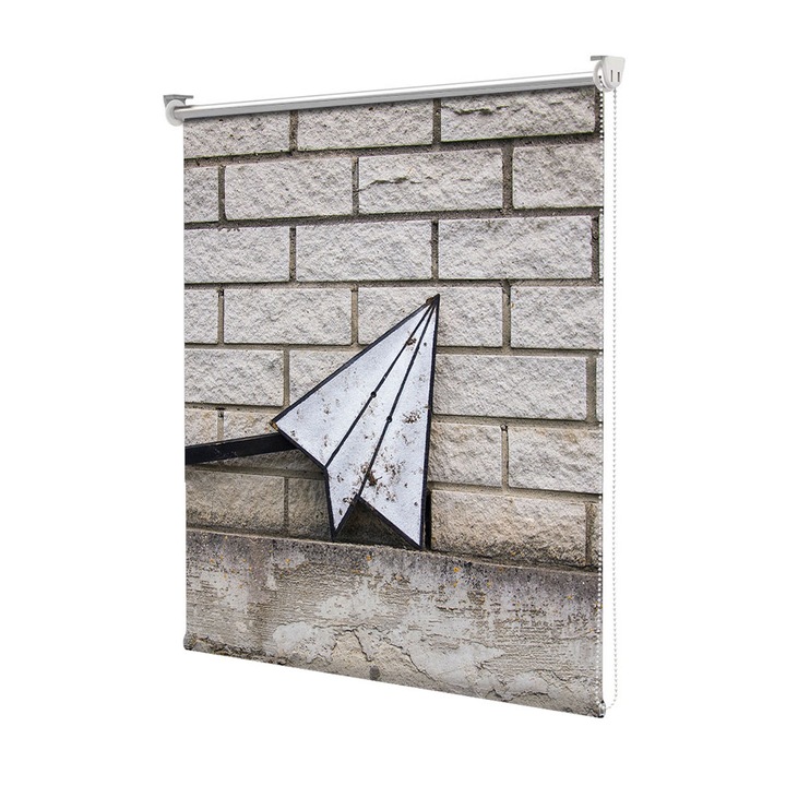 Roleta Art Shade tip Jaluzea cu Rulou si sistem inclus, Art Star, Avion de hartie desenat pe zid, Mesaje, Decoratiuni, Latime 65 cm x Inaltime 130 cm