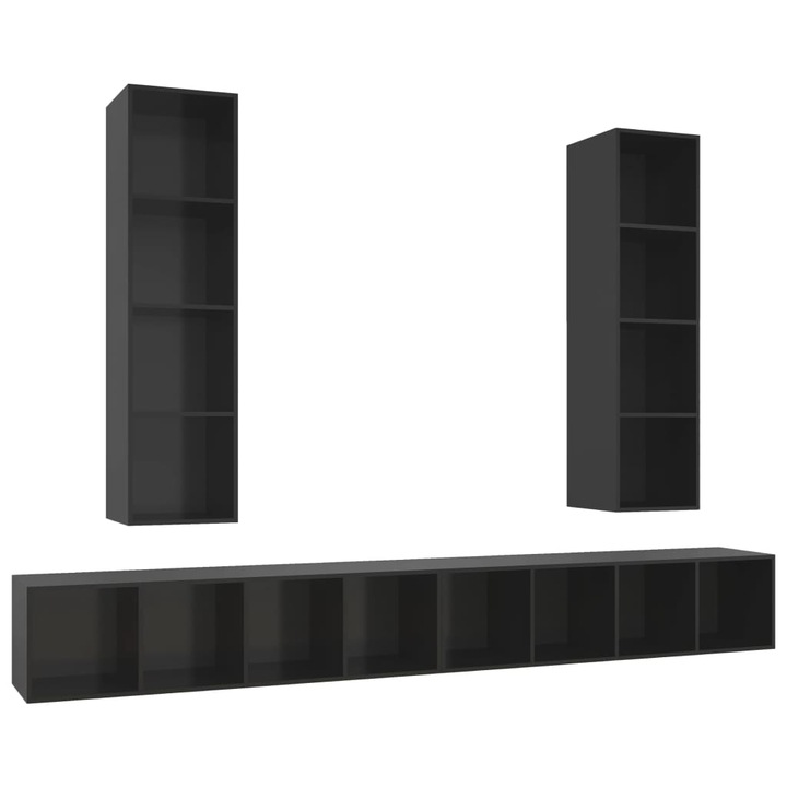 Set de 4 comode TV cu montaj pe perete din pal extralucios vidaXL, PAL, 37 x 37 x 142.5 cm, Negru