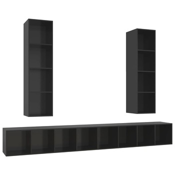 Set de 4 comode TV cu montaj pe perete din pal extralucios vidaXL, PAL, 37 x 37 x 142.5 cm, Negru Set de 4 comode TV cu montaj pe perete din pal extralucios vidaXL, PAL, 37 x 37 x 142.5 cm, Negru