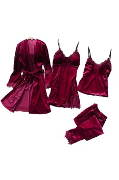 Compleu elegant de zi/noapte, 4 piese din catifea si insertii de broderie, cu push-up si bretele reglabile, rosu-bordo Compleu elegant de zi/noapte, 4 piese din catifea si insertii de broderie, cu push-up si bretele reglabile, rosu-bordo