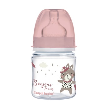 Biberon anticolici gat larg, Canpol babies®, polipropilena, 120 ml, “Bonjour Paris“, roz