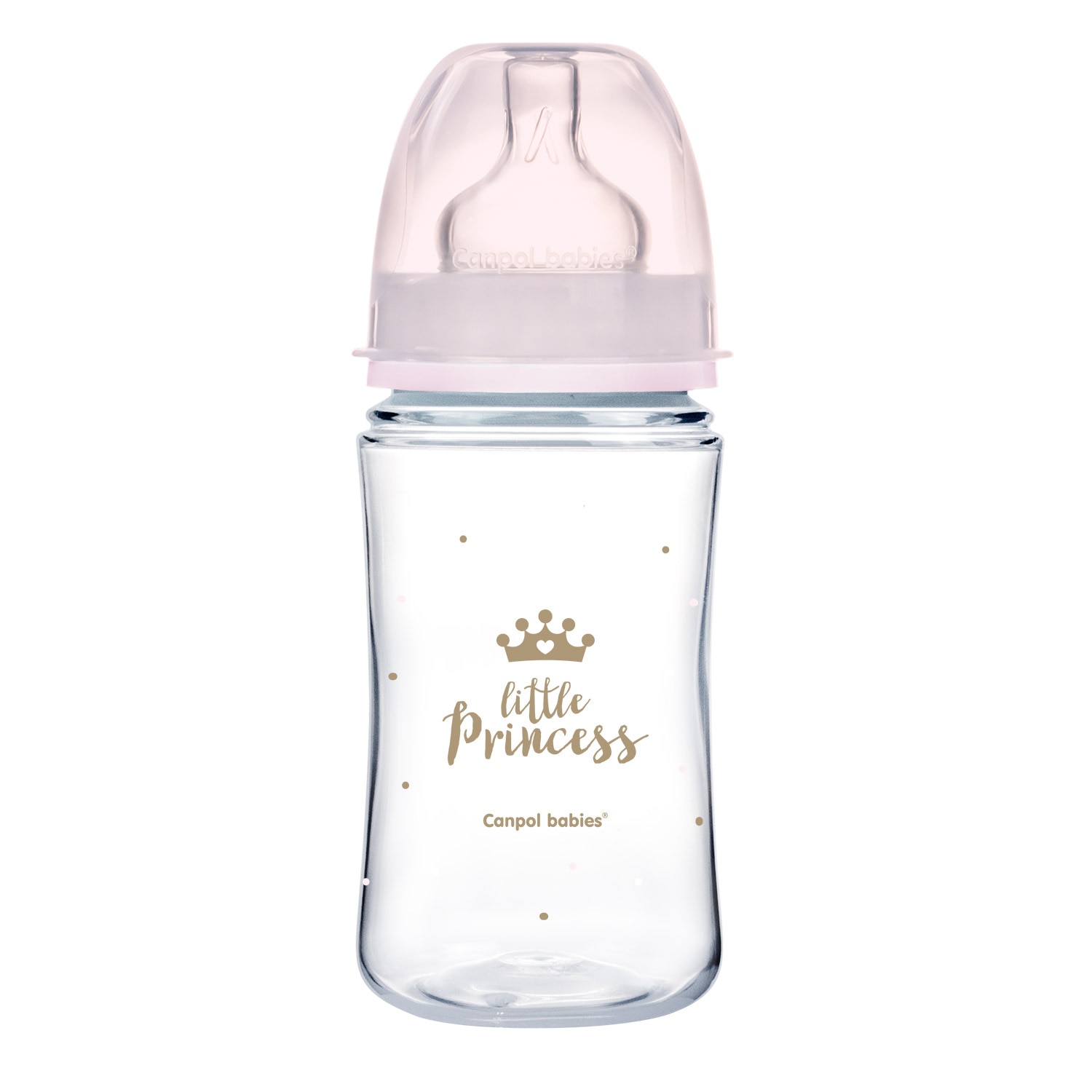 Biberon anticolici gat larg, Canpol babies®, polipropilena, 240 ml, “Royal Baby“, roz