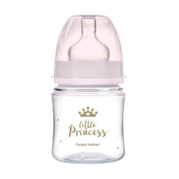 Biberon anticolici gat larg, Canpol babies®, polipropilena, 120 ml, “Royal Baby“, roz