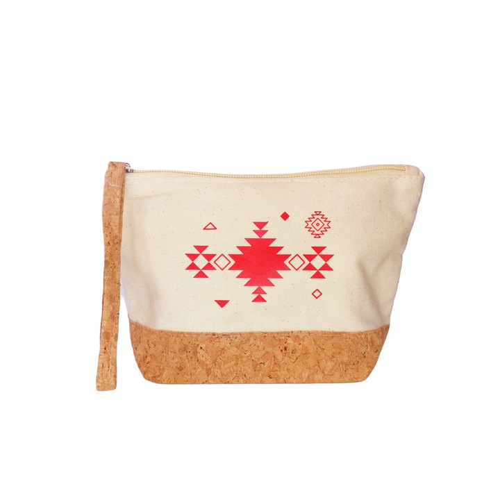 Trusa pentru cosmetice, Ethno Epoque, Bumbac/Pluta, Bej/Rosu