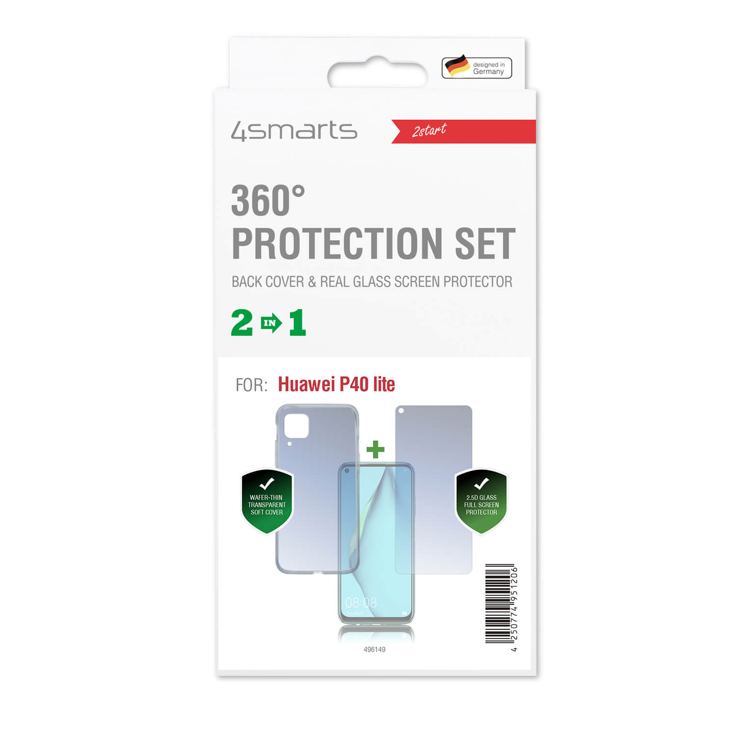 Carcasa din silicon subtire si capac de protectie din sticla pentru afisarea Huawei P40 Lite , 4smarts 360° Protection Set, transparent