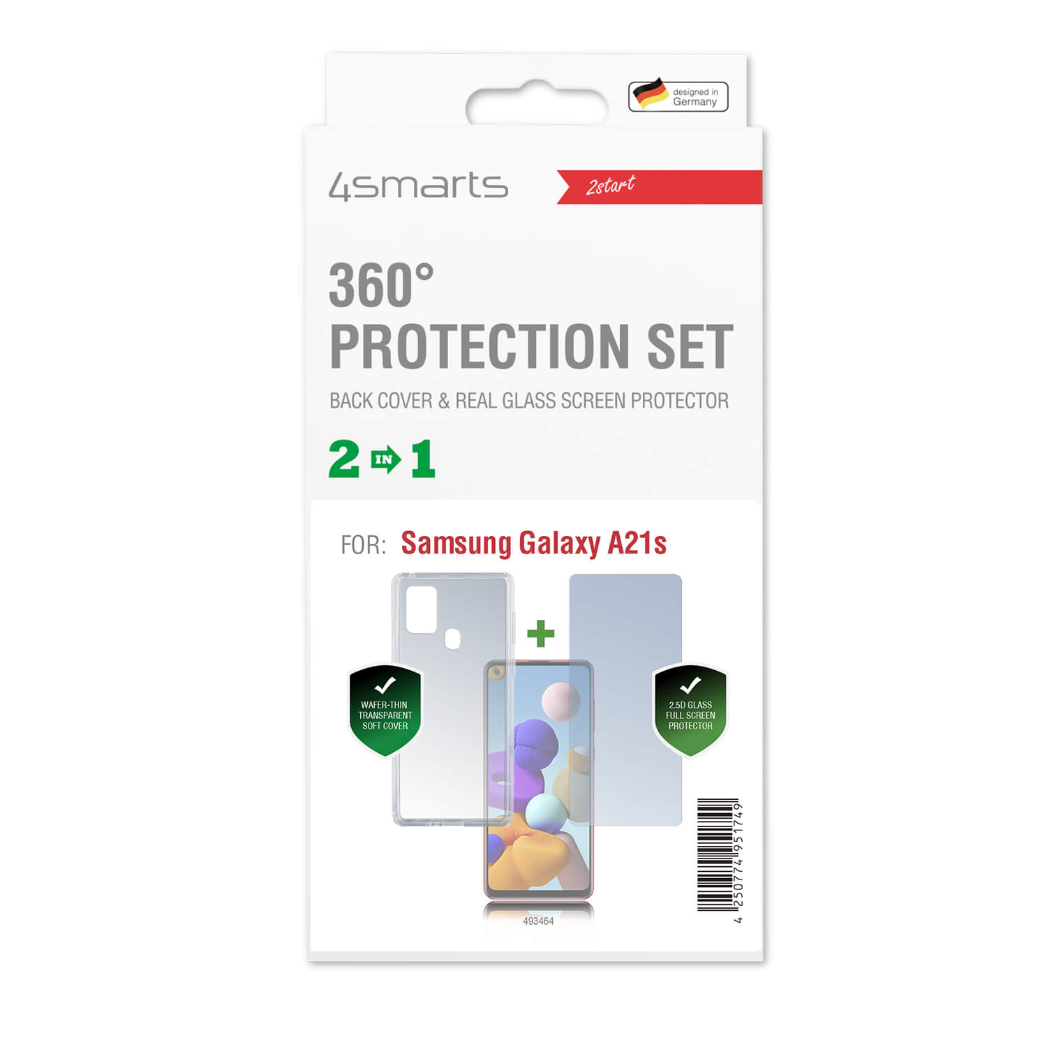 Carcasa din silicon subtire si capac de protectie din sticla pentru afisarea Samsung Galaxy A21s, 4smarts 360° Protection Set, transparent