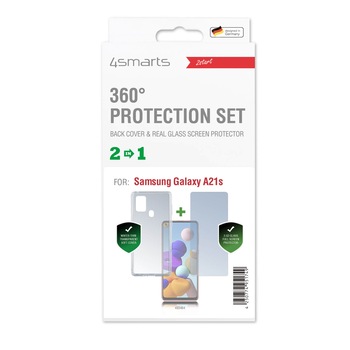 Carcasa din silicon subtire si capac de protectie din sticla pentru afisarea Samsung Galaxy A21s, 4smarts 360° Protection Set, transparent Carcasa din silicon subtire si capac de protectie din sticla pentru afisarea Samsung Galaxy A21s, 4smarts 360° Protection Set, transparent