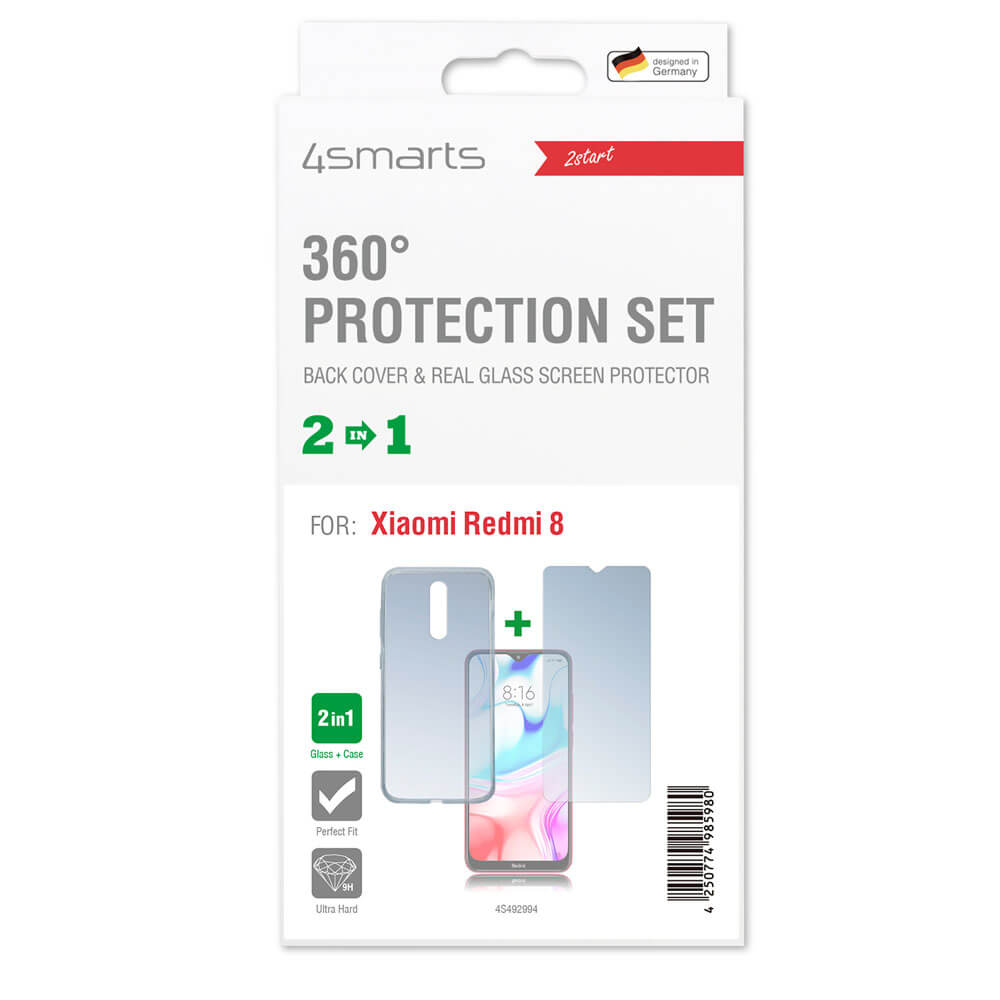 Carcasa din silicon subtire si capac de protectie din sticla pentru afisarea Xiaomi Redmi 8, 4smarts 360° Protection Set, transparent
