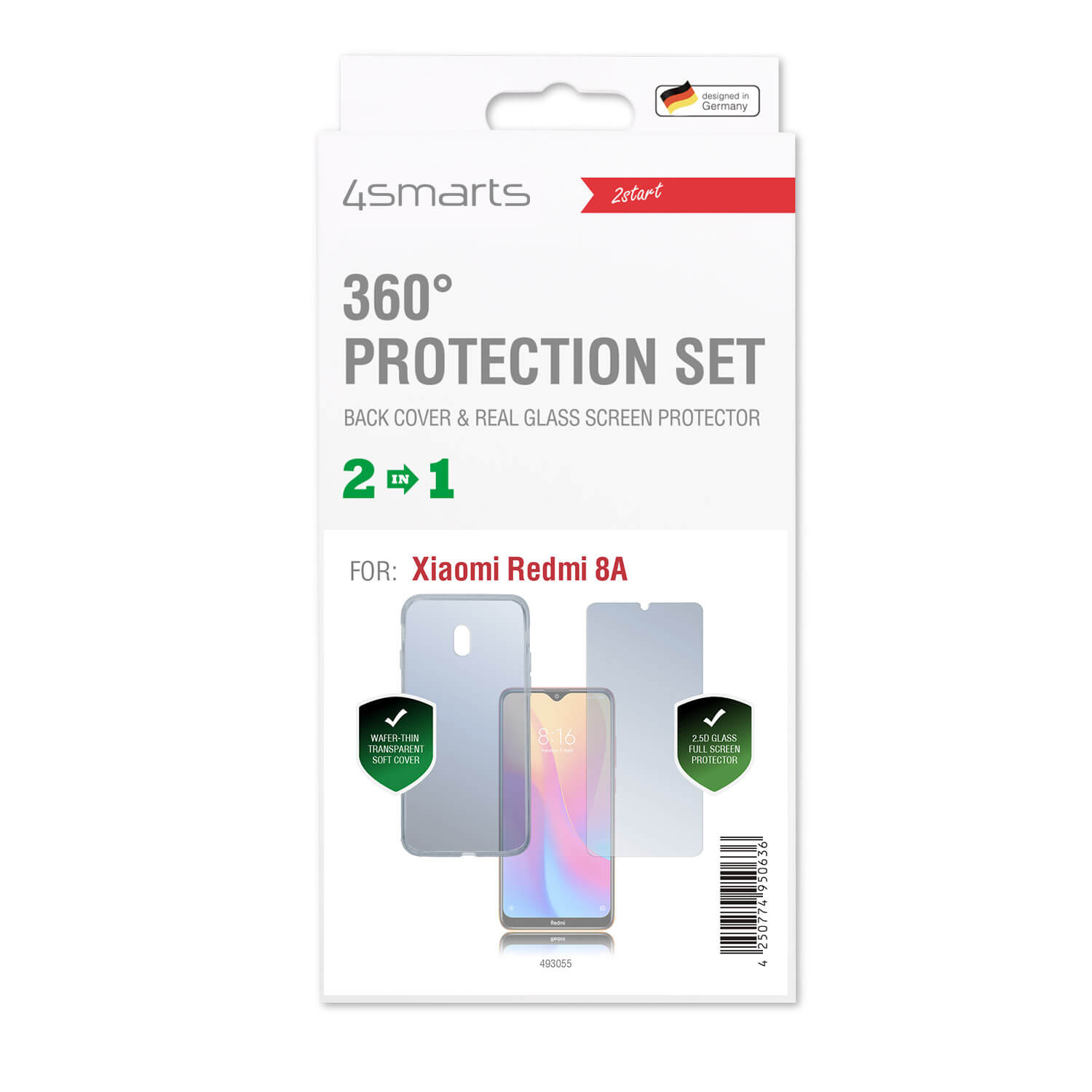 Carcasa din silicon subtire si capac de protectie din sticla pentru afisarea Xiaomi Redmi 8A, 4smarts 360° Protection Set, transparent