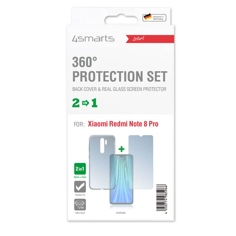 Carcasa din silicon subtire si capac de protectie din sticla pentru afisarea Xiaomi Redmi Note 8 Pro, 4smarts 360° Protection Set, transparent