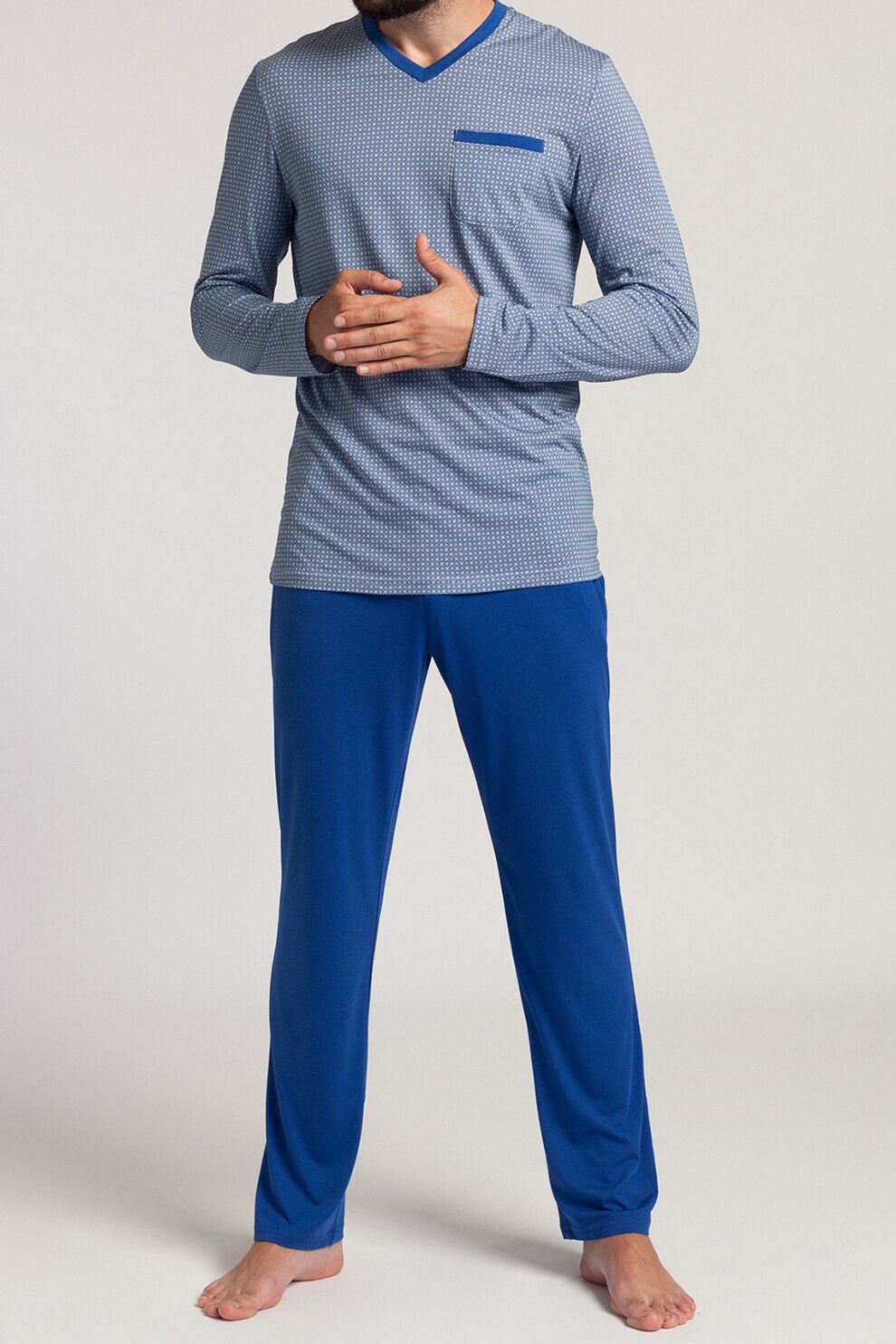 Sofiaman, Pijama din amestec de bumbac si modal cu decolteu in V, Albastru, 2XL