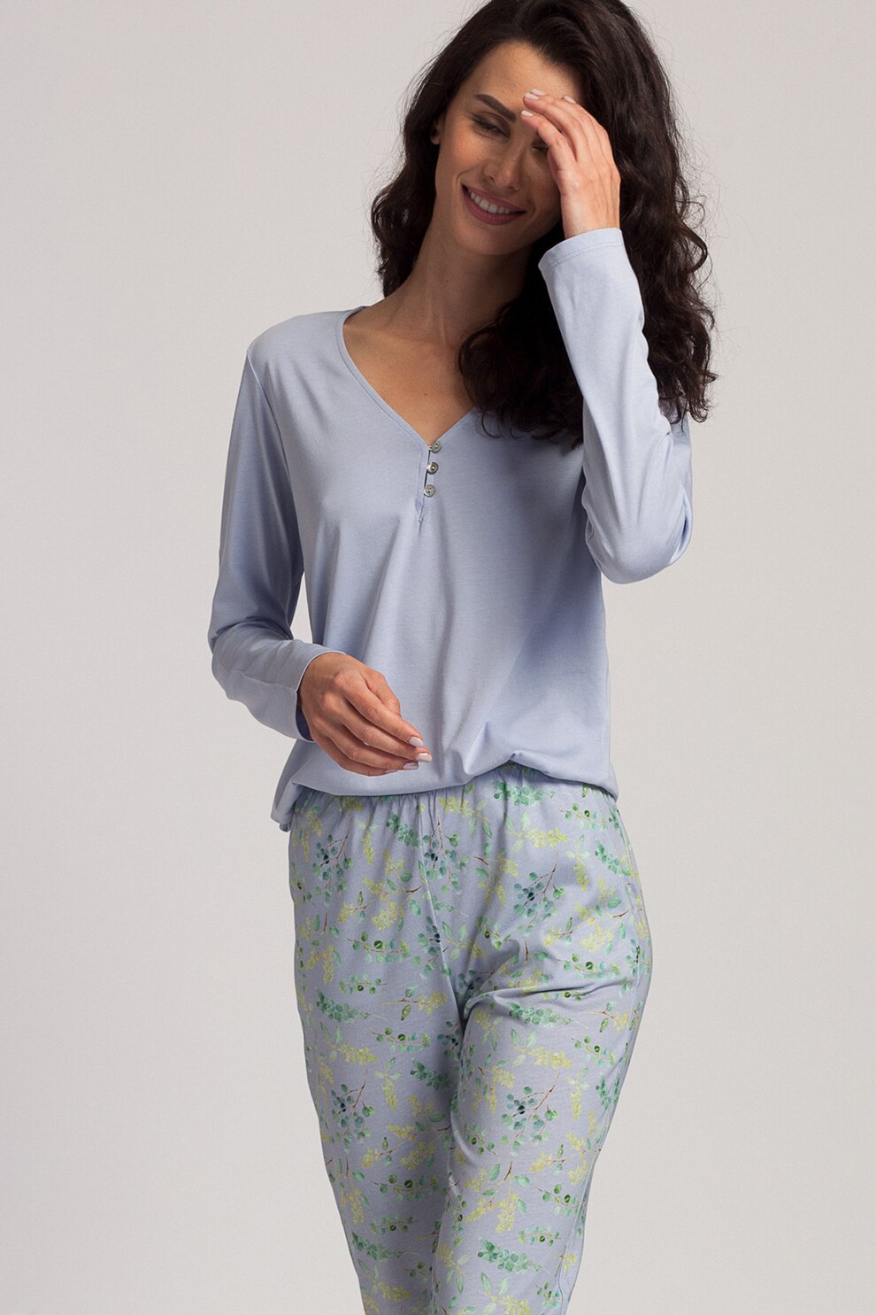 Sofiaman, Pijama cu pantaloni lungi cu imprimeu si fenta scurta cu nasturi, Albastru azur/verde