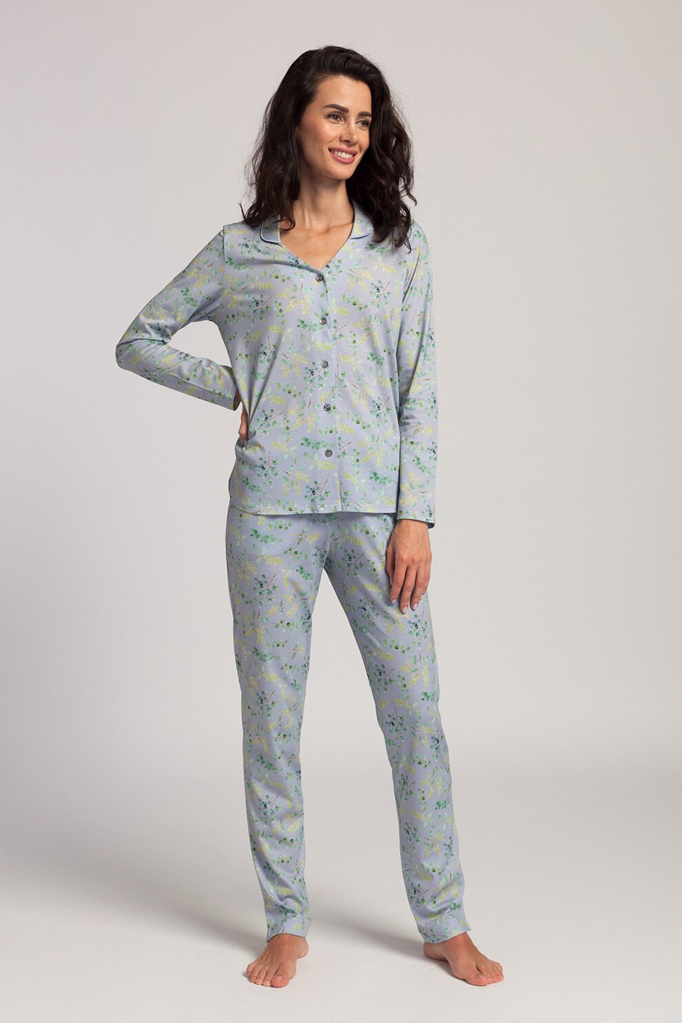 Sofiaman, Pijama cu imprimeu, nasturi si buzunare laterale, Albastru azur/verde