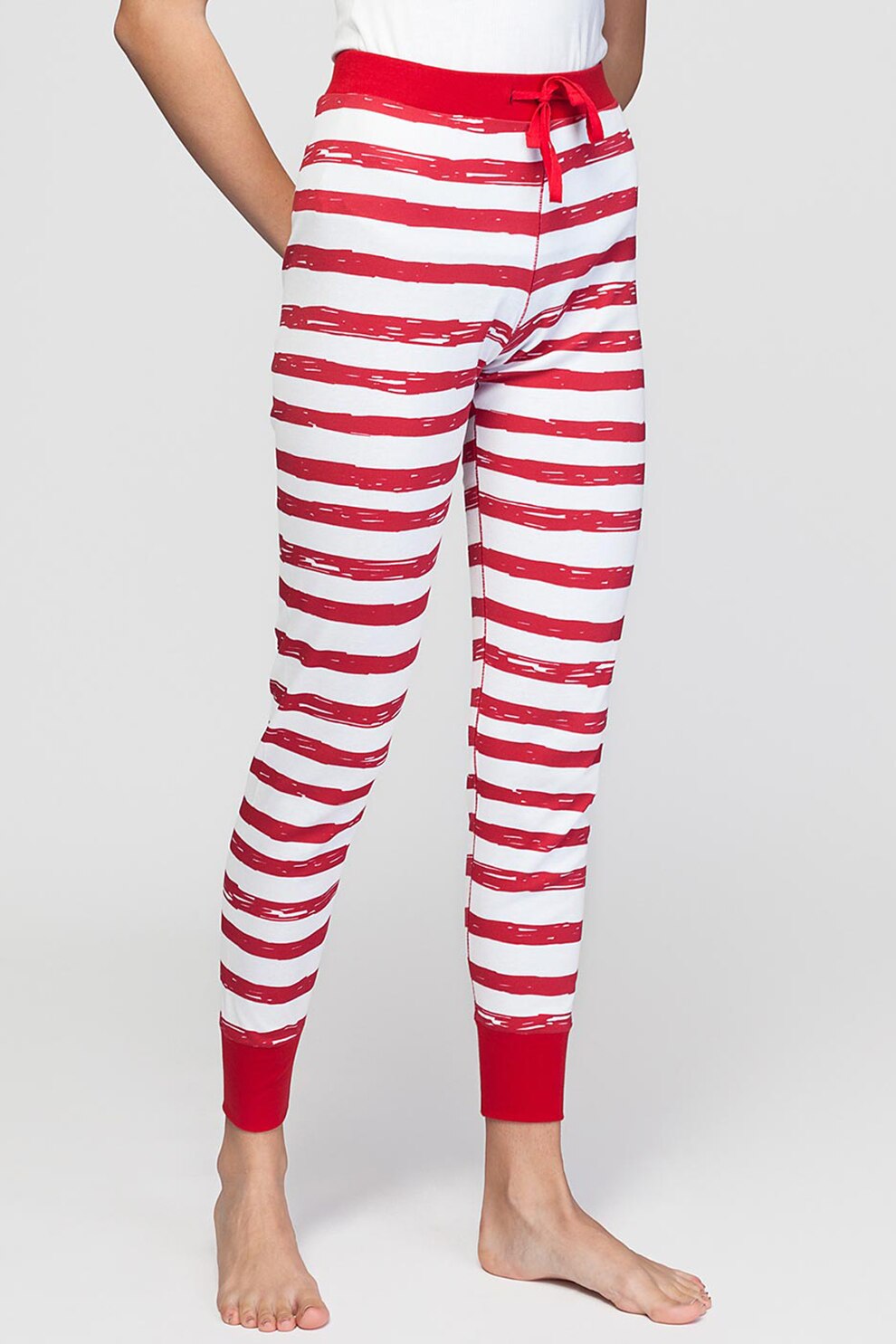 Sofiaman, Pantaloni de pijama de bumbac organic cu dungi, Alb/Rosu, 2XL