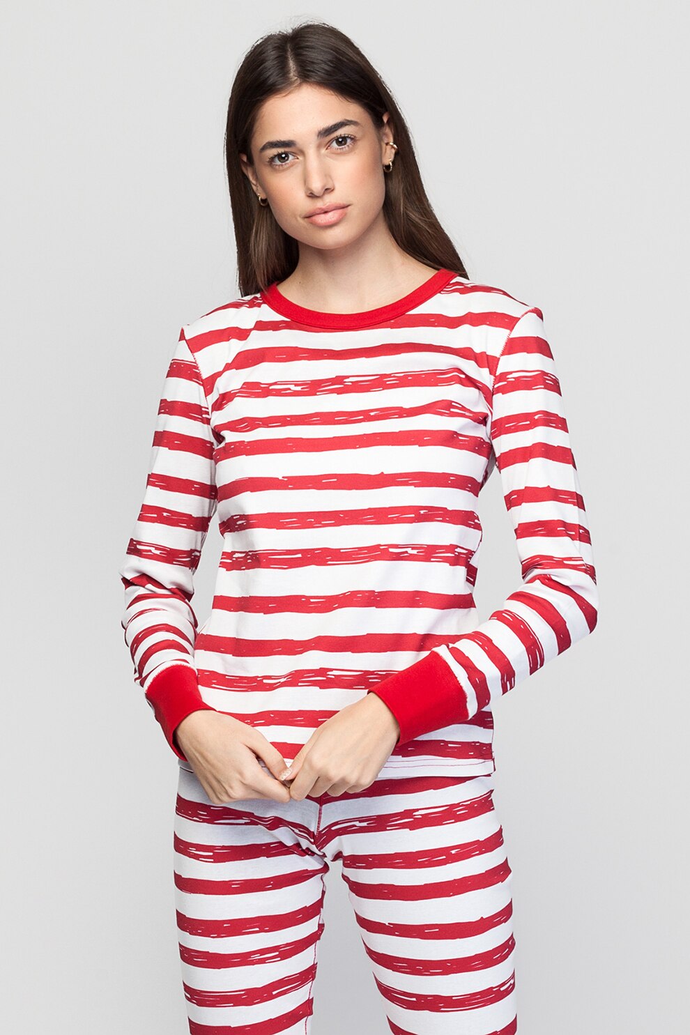 Sofiaman, Bluza de pijama de bumbac organic cu dungi, Alb/Rosu, L