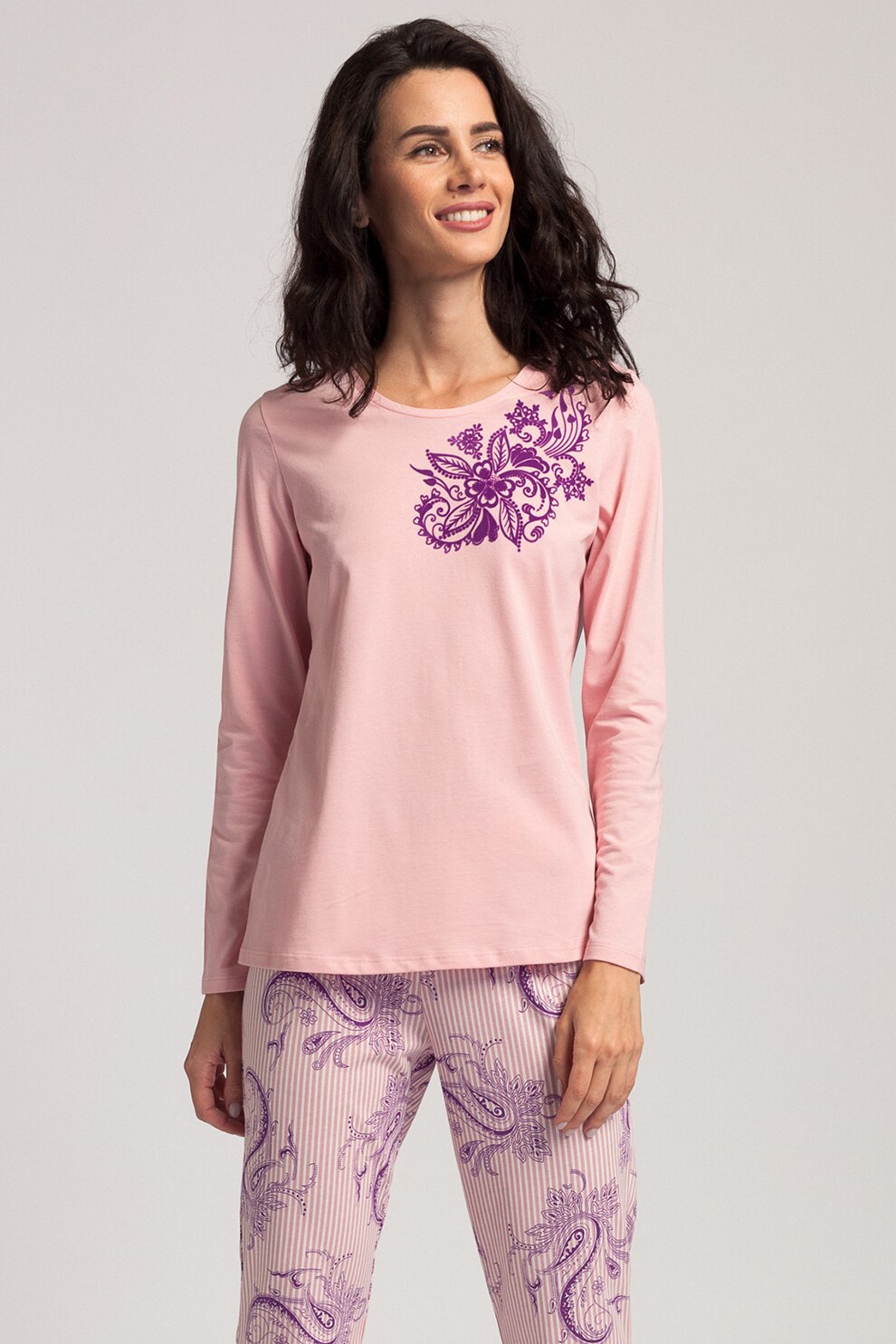 Sofiaman, Pijama de bumbac cu pantaloni lungi cu imprimeu, roz pastel, mov