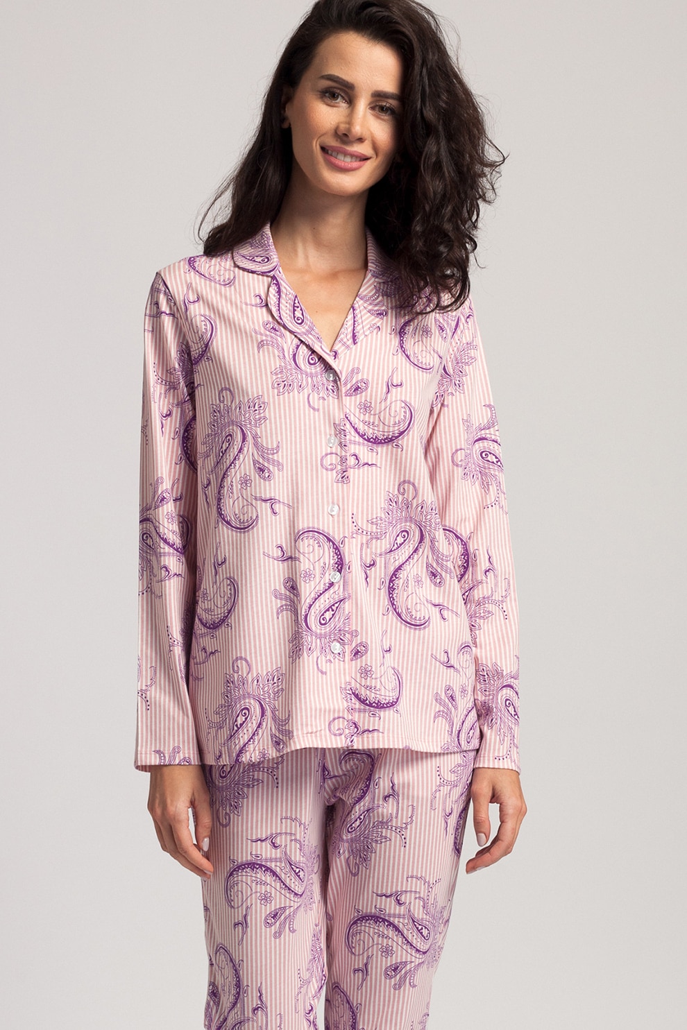 Sofiaman, Pijama de bumbac cu revere decupate, roz pastel, mov