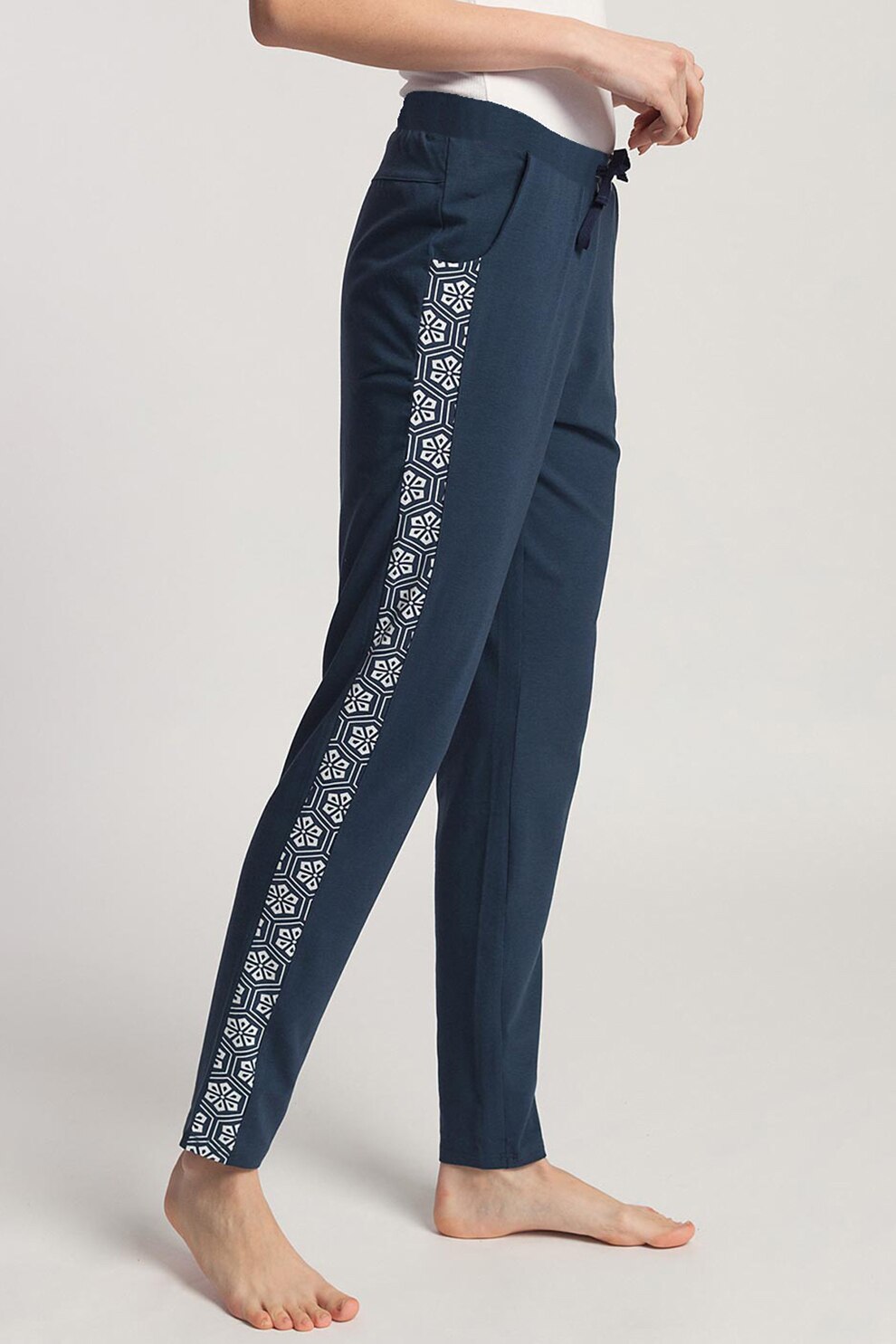 Sofiaman, Pantaloni de pijama din amestec de bumbac cu segmente laterale contrastante Urban Story, Bleumarin, 3XL