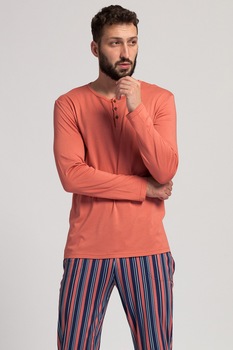 Sofiaman, Pijama din amestec de modal cu pantaloni cu model, Oranj mandarina/Bleumarin inchis/Alb Sofiaman, Pijama din amestec de modal cu pantaloni cu model, Oranj mandarina/Bleumarin inchis/Alb